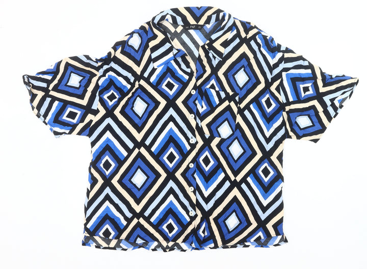 F&F Women’s Blue Geometric Button-Up Blouse Size 18 Short Sleeve