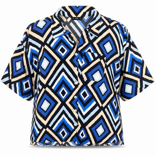 F&F Women’s Blue Geometric Button-Up Blouse Size 18 Short Sleeve
