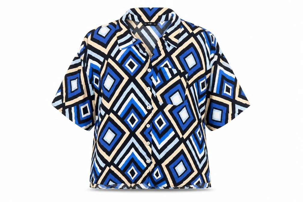 F&F Women’s Blue Geometric Button-Up Blouse Size 18 Short Sleeve