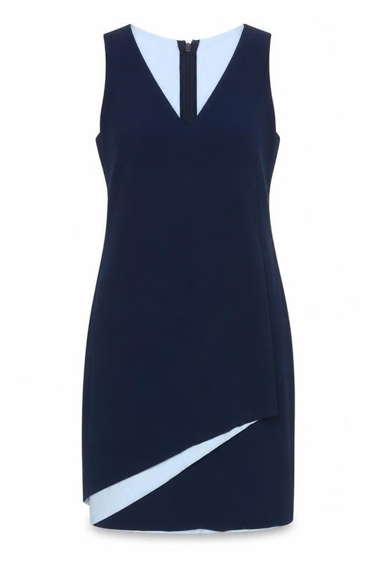 Front view of Next Women’s Blue Sheath Dress, size UK 6, Sleeveless V-Neck Asymmetric