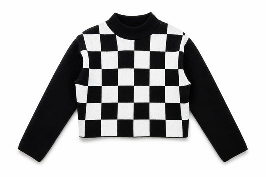 Front view of H&M girls’ black white check jumper 11-12y long sleeve knit pullover