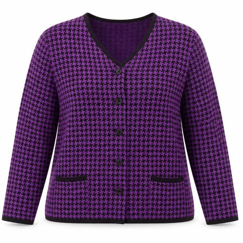 Lucia Womens Purple Wool Blend Cardigan Size 16 V-Neck Houndstooth