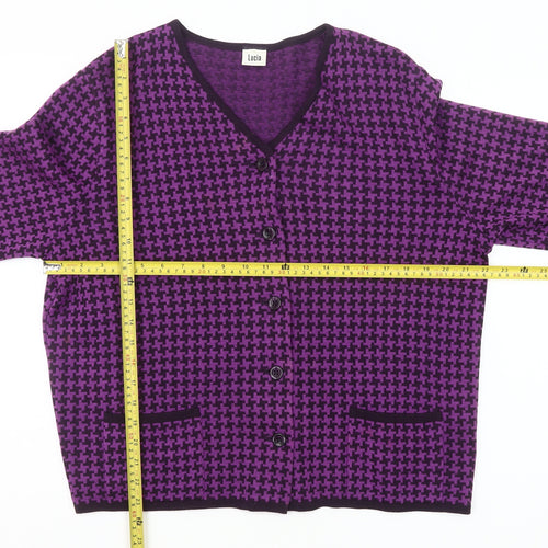 Lucia Womens Purple Wool Blend Cardigan Size 16 V-Neck Houndstooth
