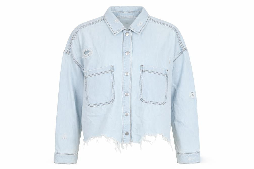 Front view of New Look Women’s Blue Denim Cropped Distressed Jacket, size UK 10