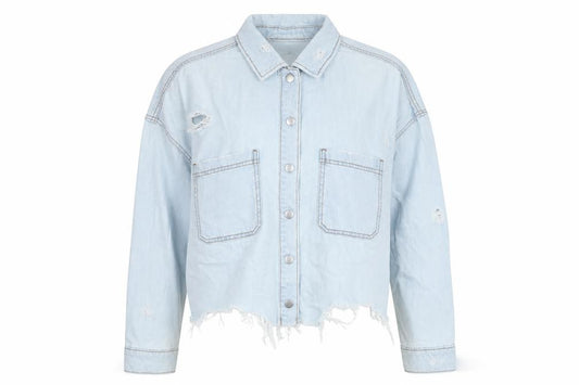 Front view of New Look Women’s Blue Denim Cropped Distressed Jacket, size UK 10
