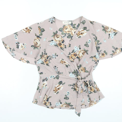 Monteau Women’s Multicoloured Floral Wrap Blouse S Short Sleeve