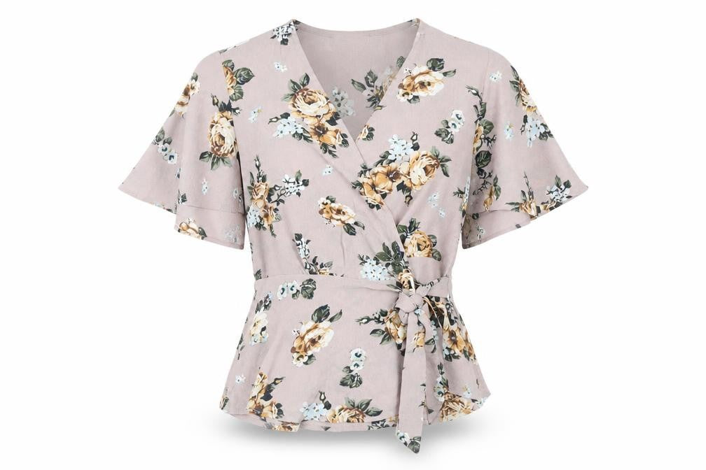 Monteau Women’s Multicoloured Floral Wrap Blouse S Short Sleeve