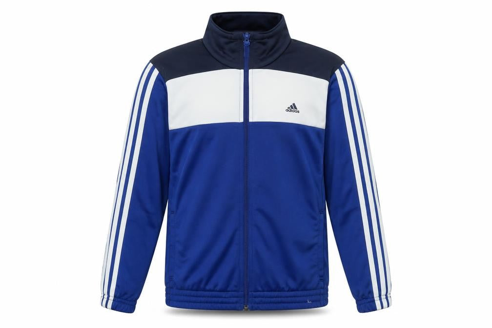 Front view of Adidas boys’ blue track jacket 14-15y full zip polyester sportswear