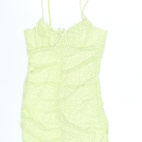 H&M Women Yellow Floral Bodycon Short Dress Size 12 Sleeveless