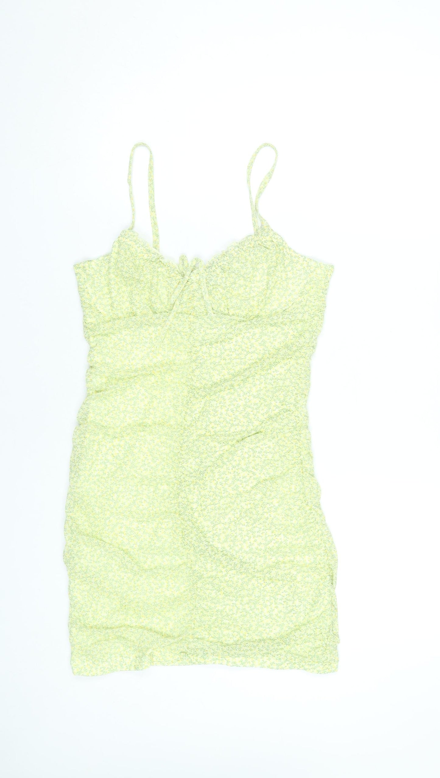 H&M Women Yellow Floral Bodycon Short Dress Size 12 Sleeveless