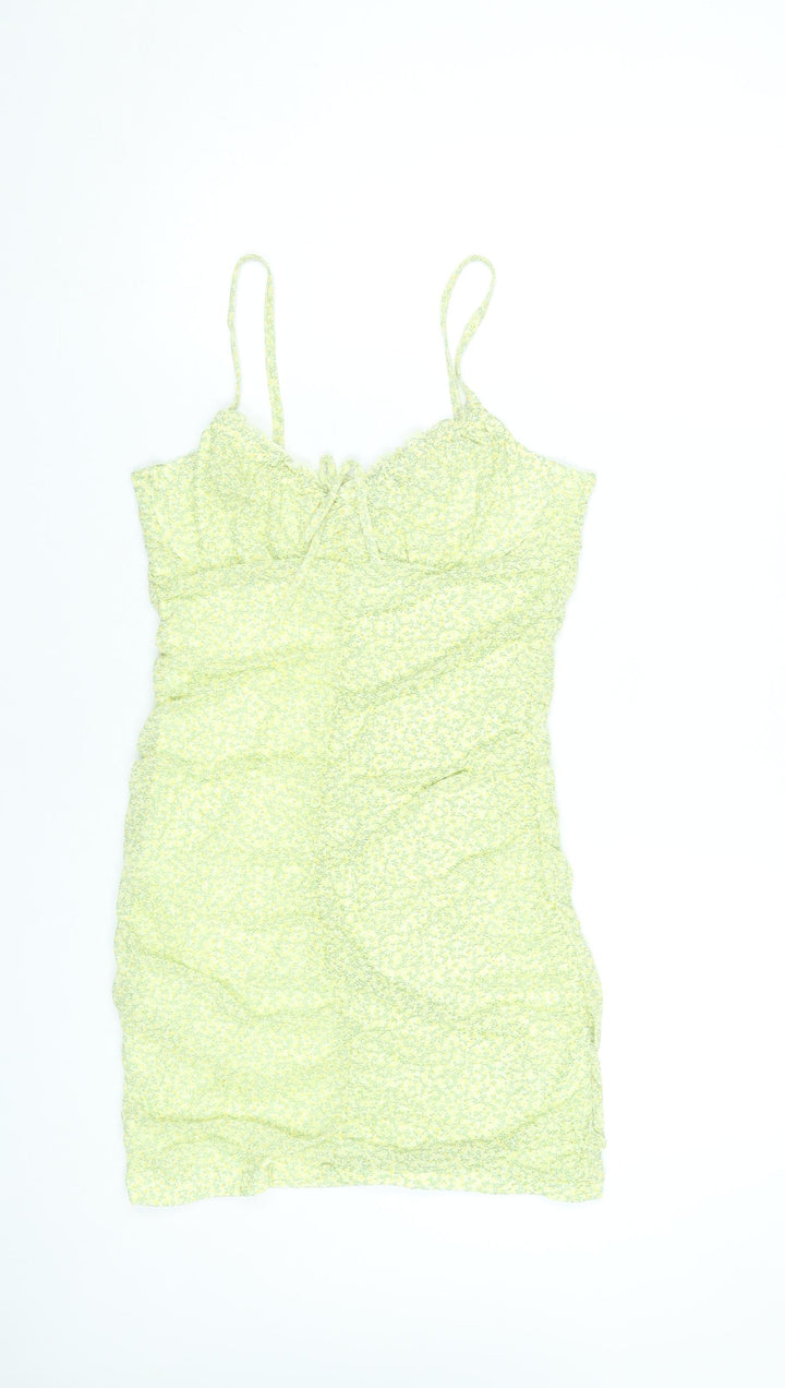 H&M Women Yellow Floral Bodycon Short Dress Size 12 Sleeveless