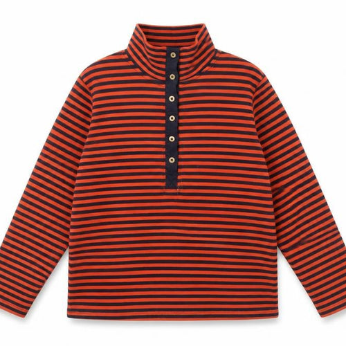Lands' End Women’s Red Black Striped Cotton Button-Up Roll Neck Top S