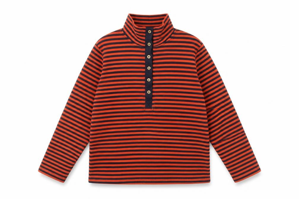 Lands' End Women’s Red Black Striped Cotton Button-Up Roll Neck Top S
