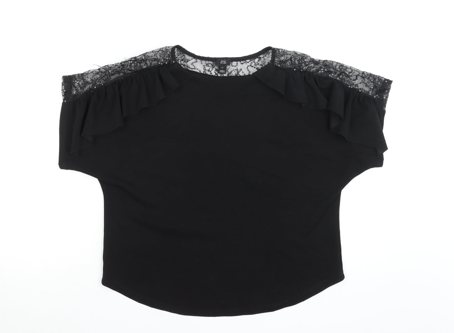 River Island Women Black Lace Ruffle Tunic Blouse Size 10