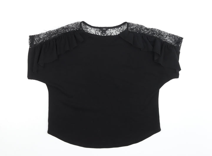 River Island Women Black Lace Ruffle Tunic Blouse Size 10
