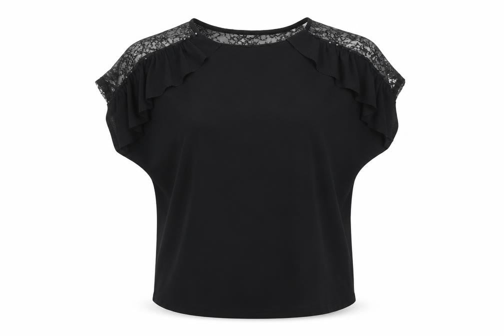 Front view of River Island Women Black Lace Ruffle Tunic Blouse, size 10