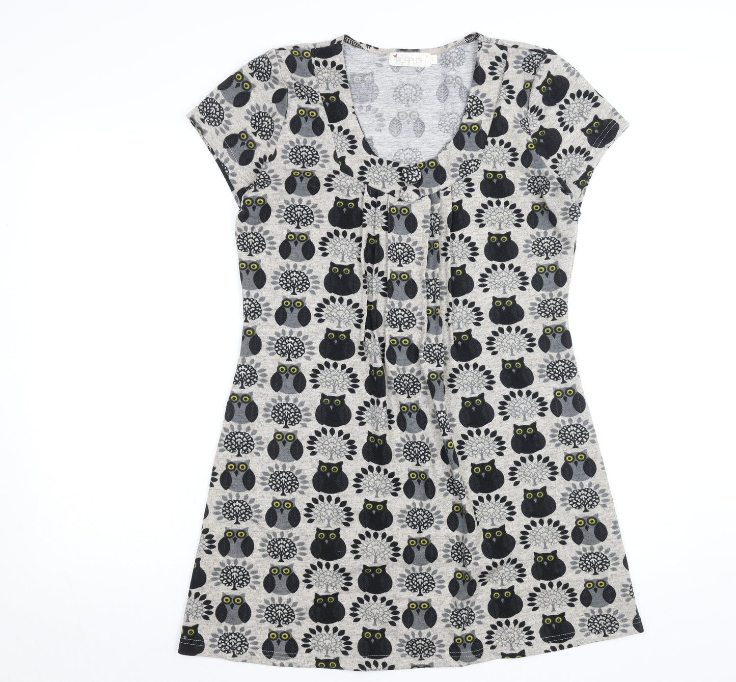 Purplish London Women’s Grey Owl Print Shift Dress M Wool Blend