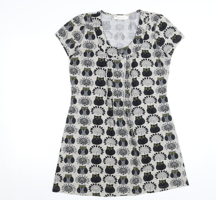Purplish London Women’s Grey Owl Print Shift Dress M Wool Blend
