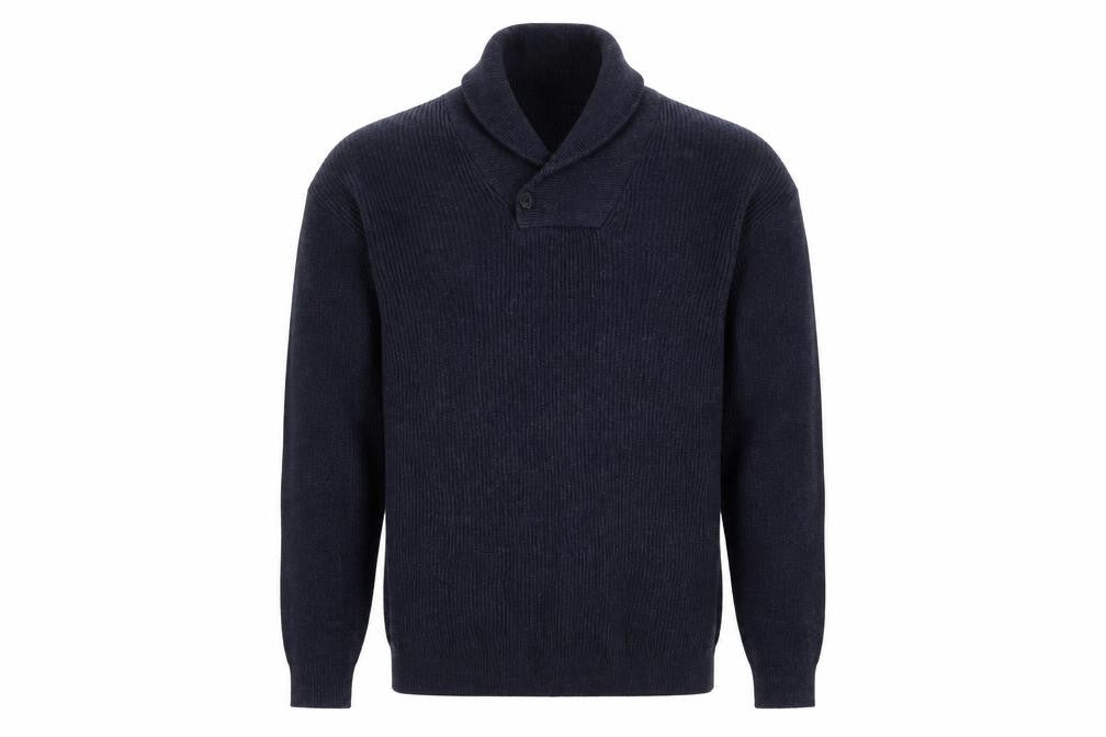 Front view of Next men’s blue cotton blend collared jumper, size L
