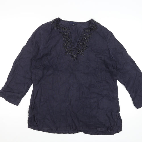 Lands' End Women’s Blue Linen Tunic Blouse Size 6 Beaded V-Neck