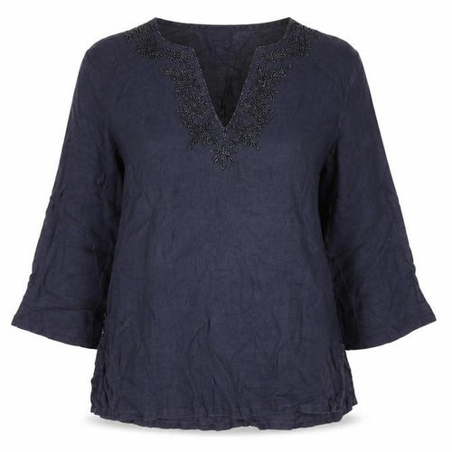 Lands' End Women’s Blue Linen Tunic Blouse Size 6 Beaded V-Neck