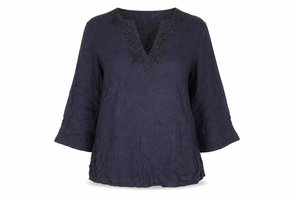 Lands' End Women’s Blue Linen Tunic Blouse Size 6 Beaded V-Neck