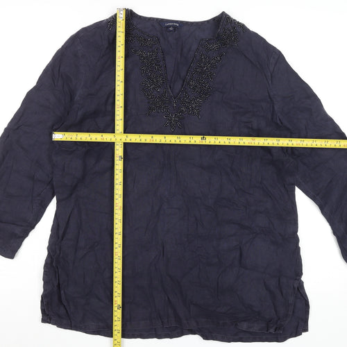 Lands' End Women’s Blue Linen Tunic Blouse Size 6 Beaded V-Neck