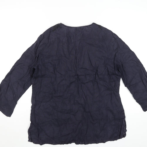 Lands' End Women’s Blue Linen Tunic Blouse Size 6 Beaded V-Neck