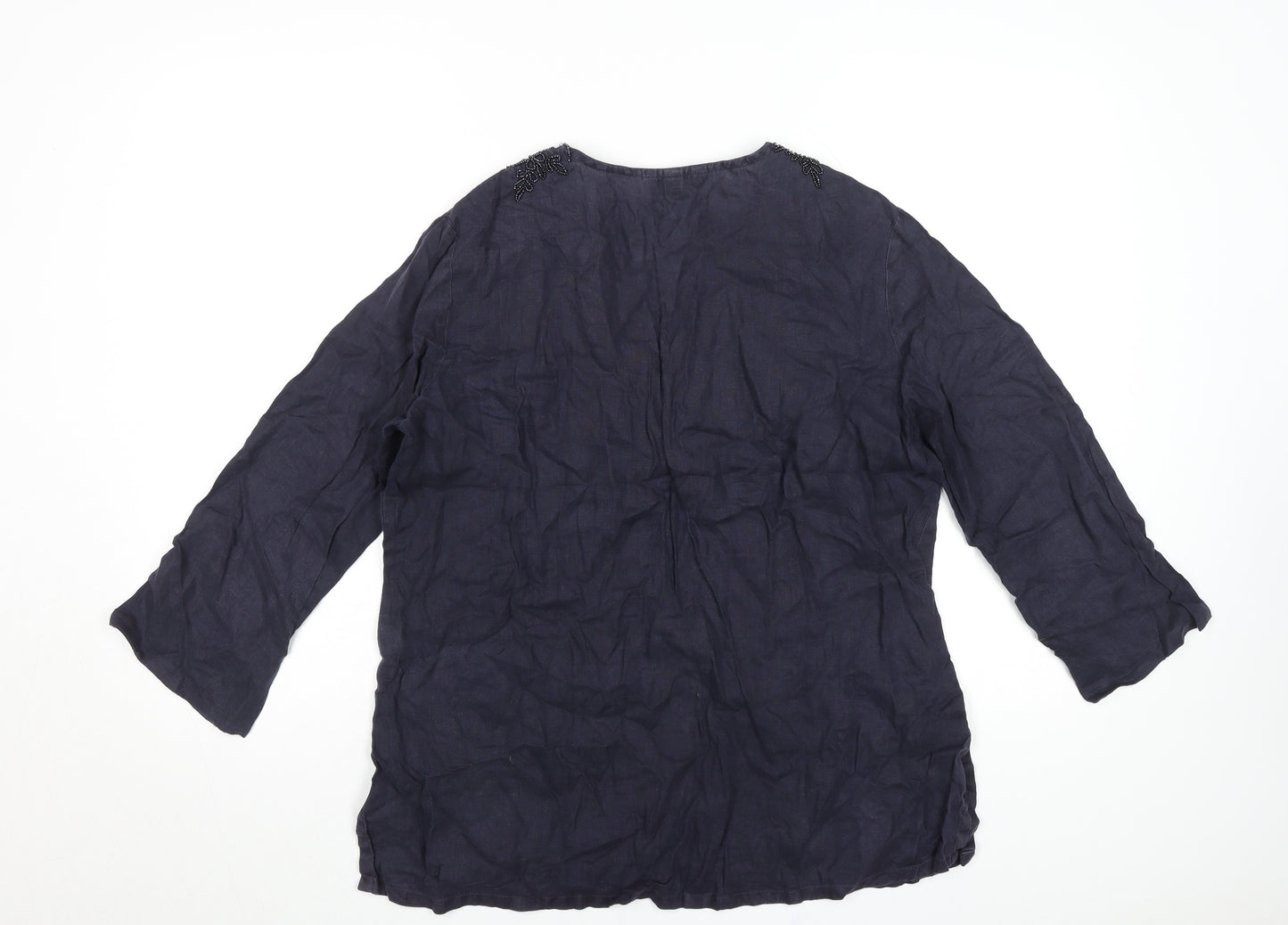 Lands' End Women’s Blue Linen Tunic Blouse Size 6 Beaded V-Neck