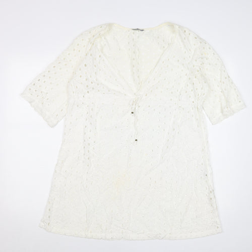 Marks and Spencer Women’s White Cotton Shift Dress Size 14 V-Neck Boho
