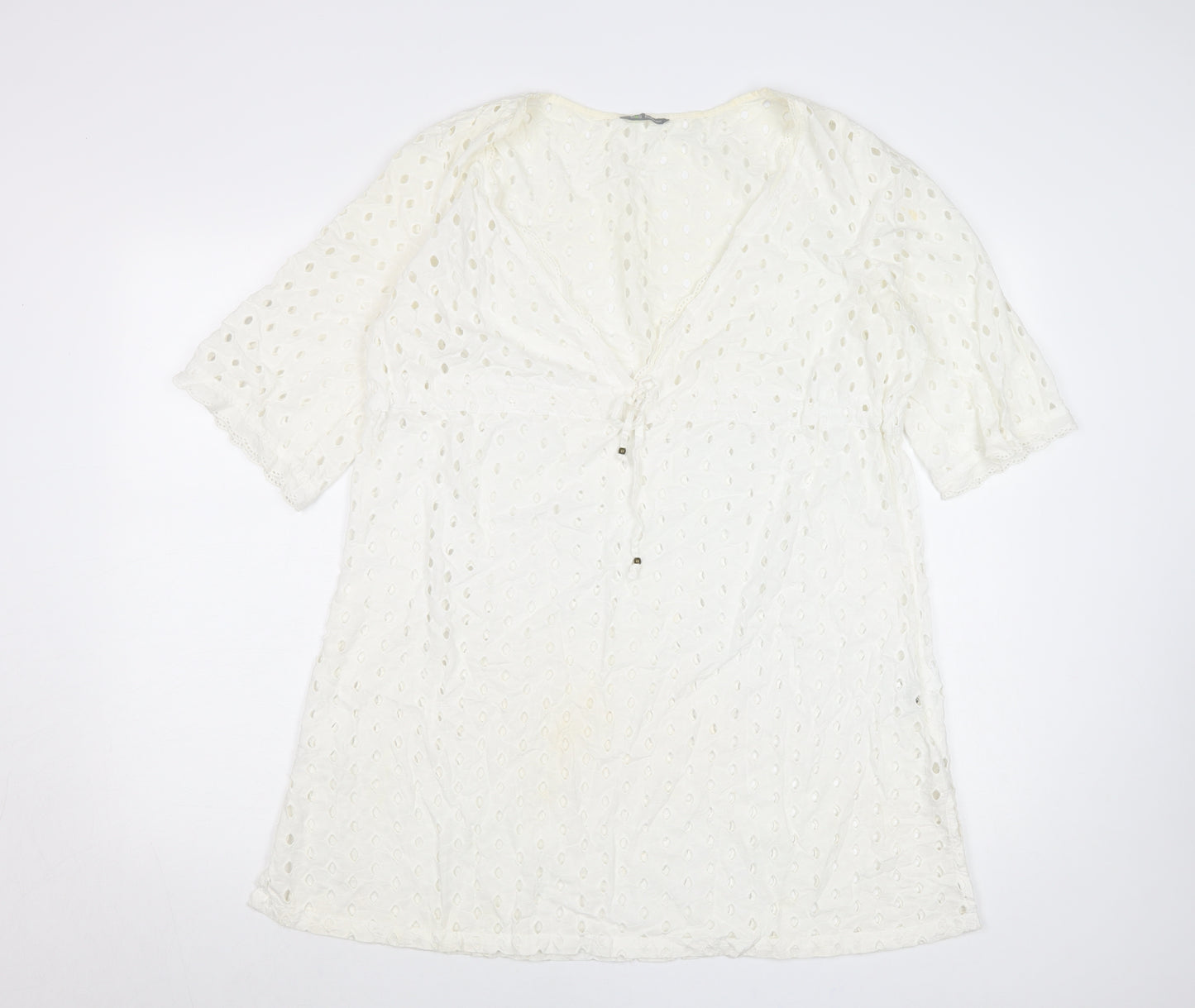 Marks and Spencer Women’s White Cotton Shift Dress Size 14 V-Neck Boho