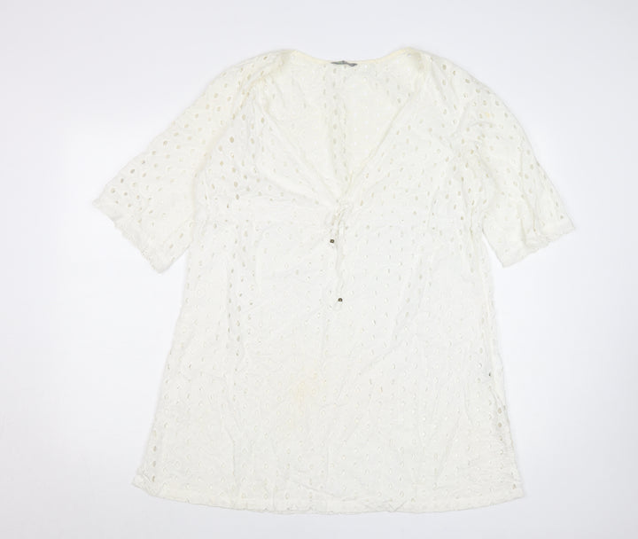 Marks and Spencer Women’s White Cotton Shift Dress Size 14 V-Neck Boho