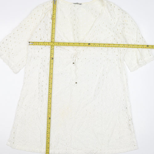 Marks and Spencer Women’s White Cotton Shift Dress Size 14 V-Neck Boho