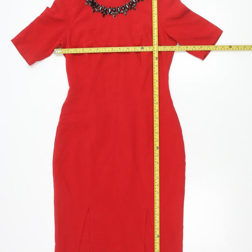 ASOS Women Red Beaded Neck Sheath Dress Size 10 Half Sleeve Knee Length