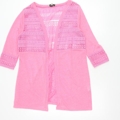 Bassini Womens Pink Crochet Open Cardigan M V-Neck 3/4 Sleeve