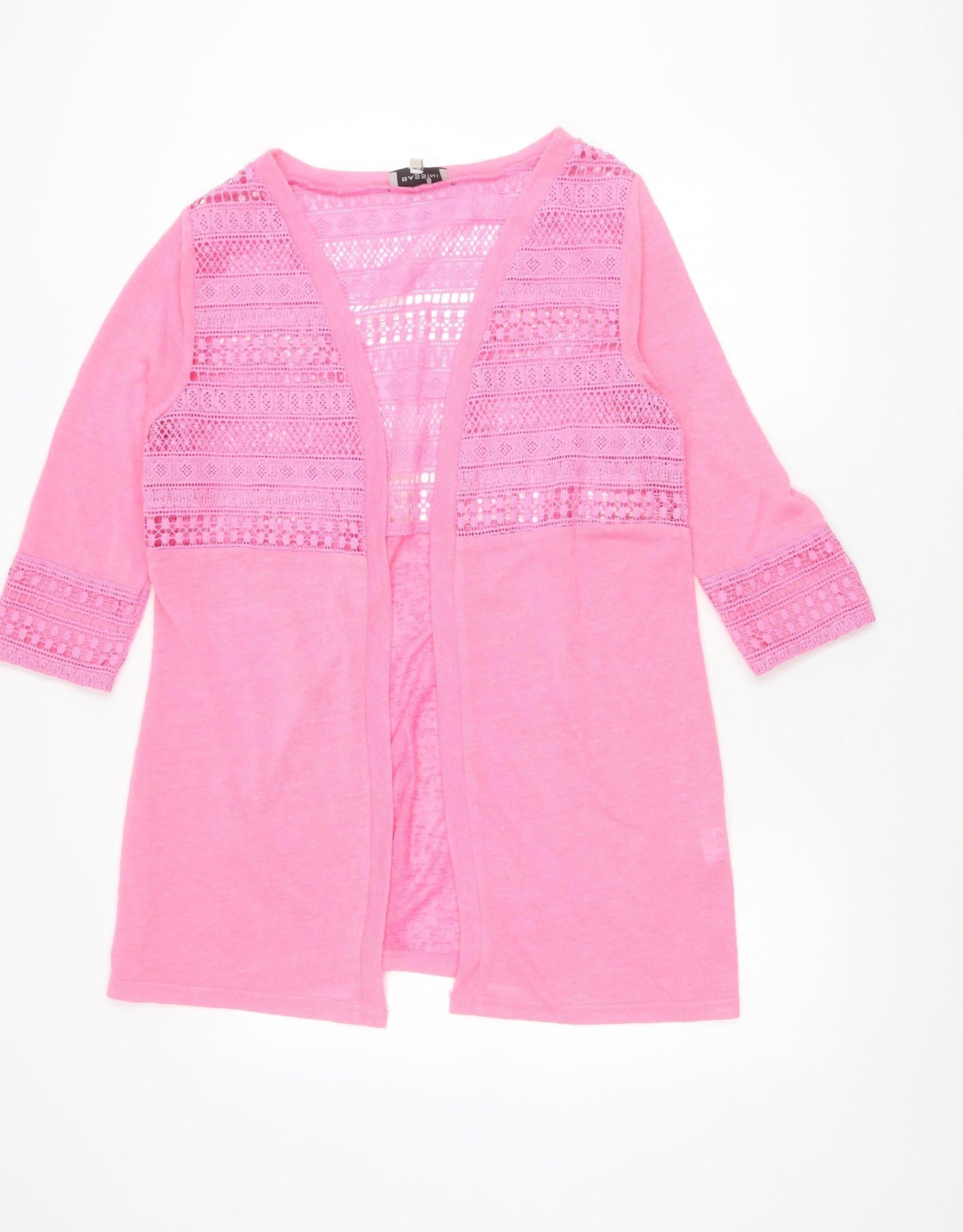 Bassini Womens Pink Crochet Open Cardigan M V-Neck 3/4 Sleeve