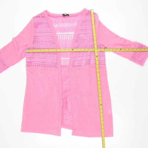 Bassini Womens Pink Crochet Open Cardigan M V-Neck 3/4 Sleeve