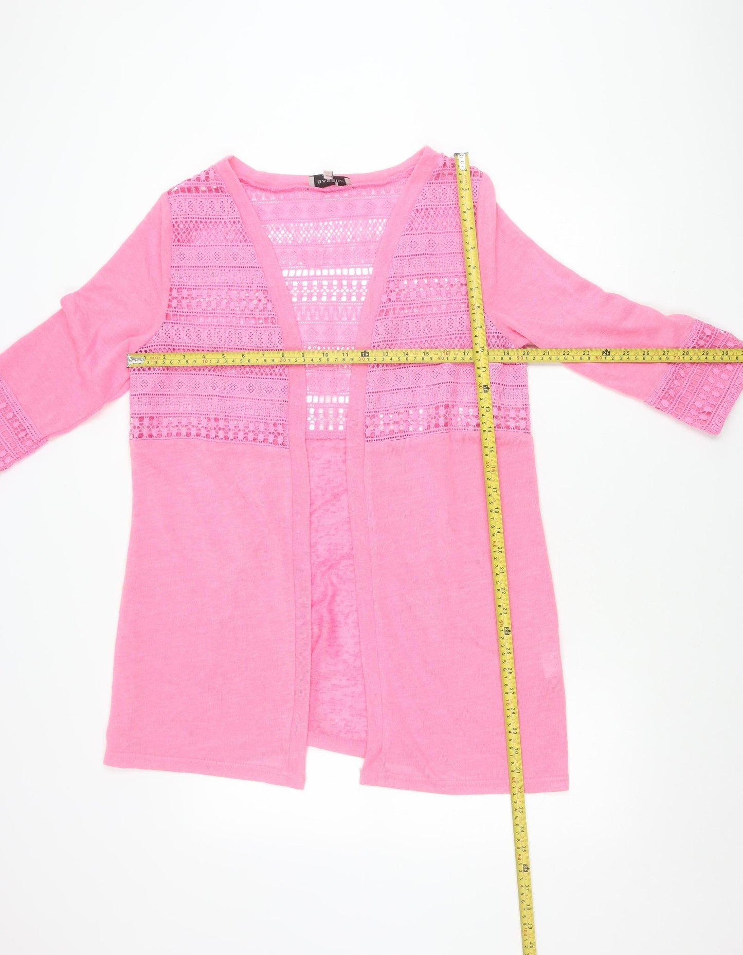 Bassini Womens Pink Crochet Open Cardigan M V-Neck 3/4 Sleeve