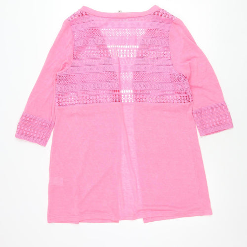 Bassini Womens Pink Crochet Open Cardigan M V-Neck 3/4 Sleeve