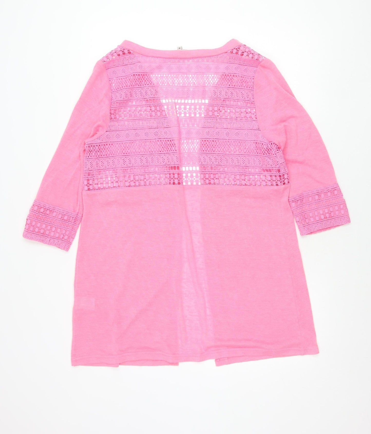 Bassini Womens Pink Crochet Open Cardigan M V-Neck 3/4 Sleeve