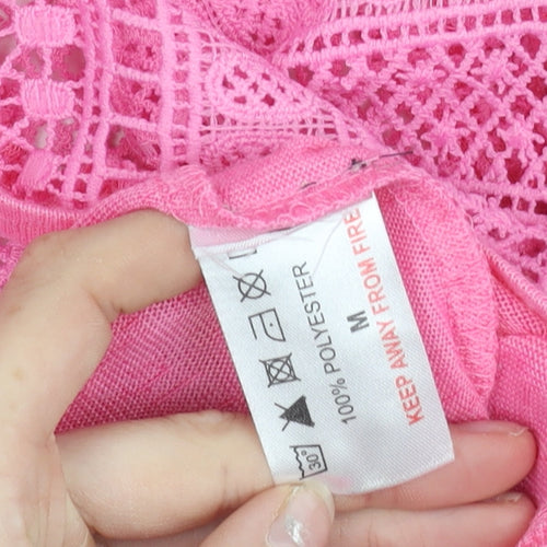 Bassini Womens Pink Crochet Open Cardigan M V-Neck 3/4 Sleeve