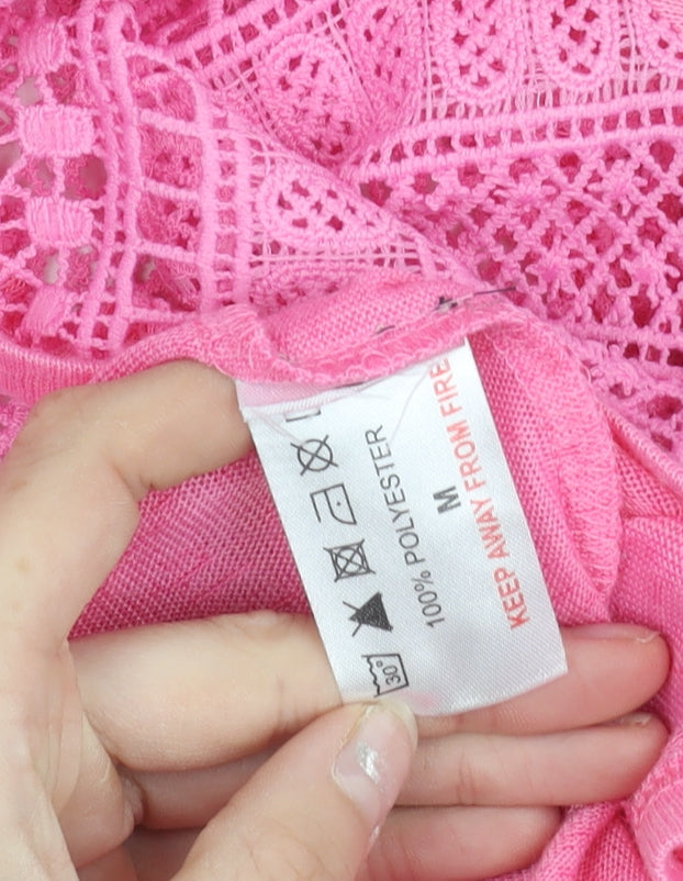 Bassini Womens Pink Crochet Open Cardigan M V-Neck 3/4 Sleeve