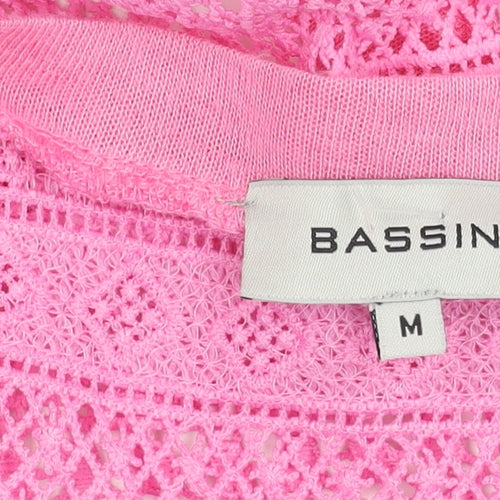 Bassini Womens Pink Crochet Open Cardigan M V-Neck 3/4 Sleeve