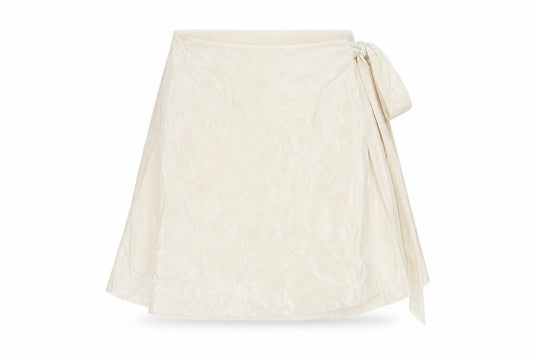 Front view of ASOS Design Women’s Ivory Wrap Skirt, size UK 6, Short Satin Bow