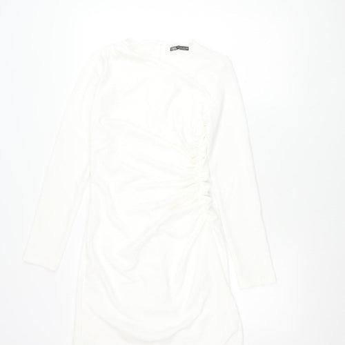 Zara Women White Bodycon Mini Dress Size 12 Ruched Long Sleeve Party