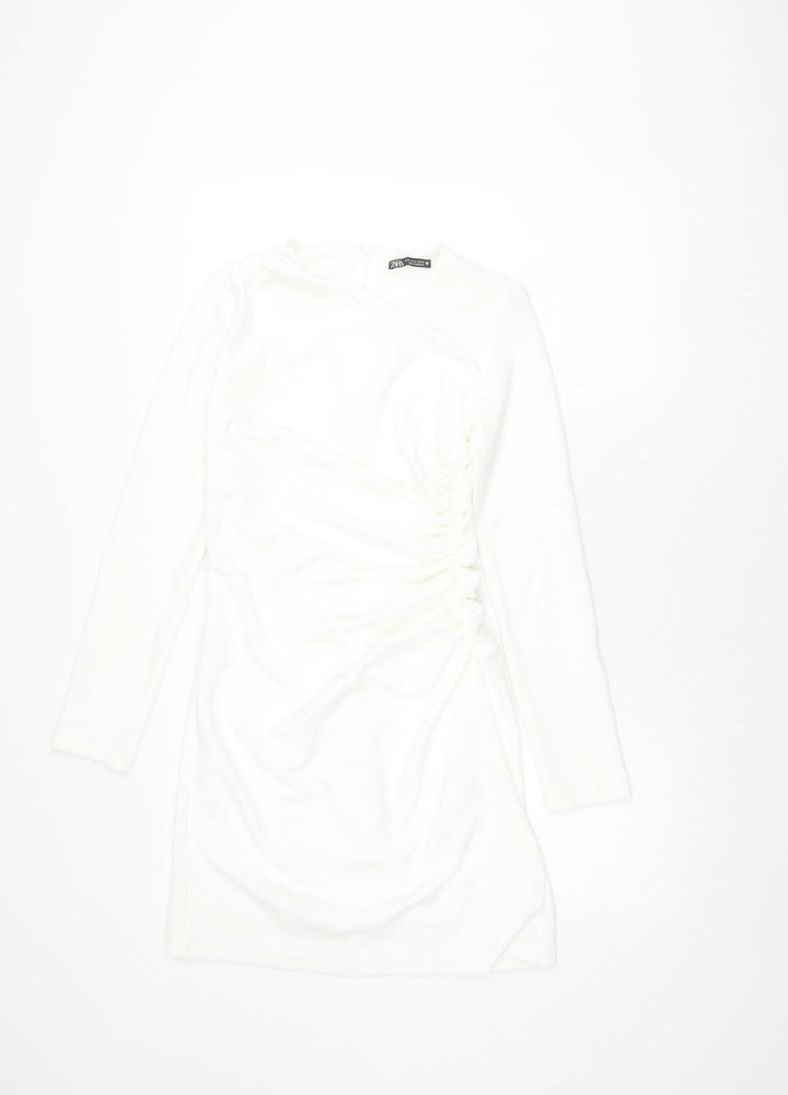 Zara Women White Bodycon Mini Dress Size 12 Ruched Long Sleeve Party