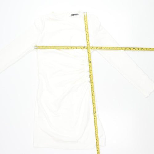 Zara Women White Bodycon Mini Dress Size 12 Ruched Long Sleeve Party