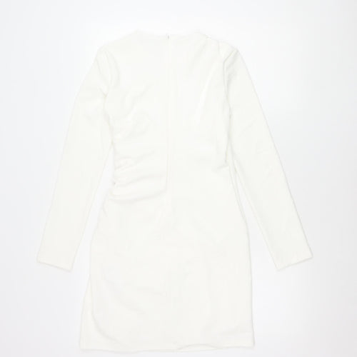 Zara Women White Bodycon Mini Dress Size 12 Ruched Long Sleeve Party