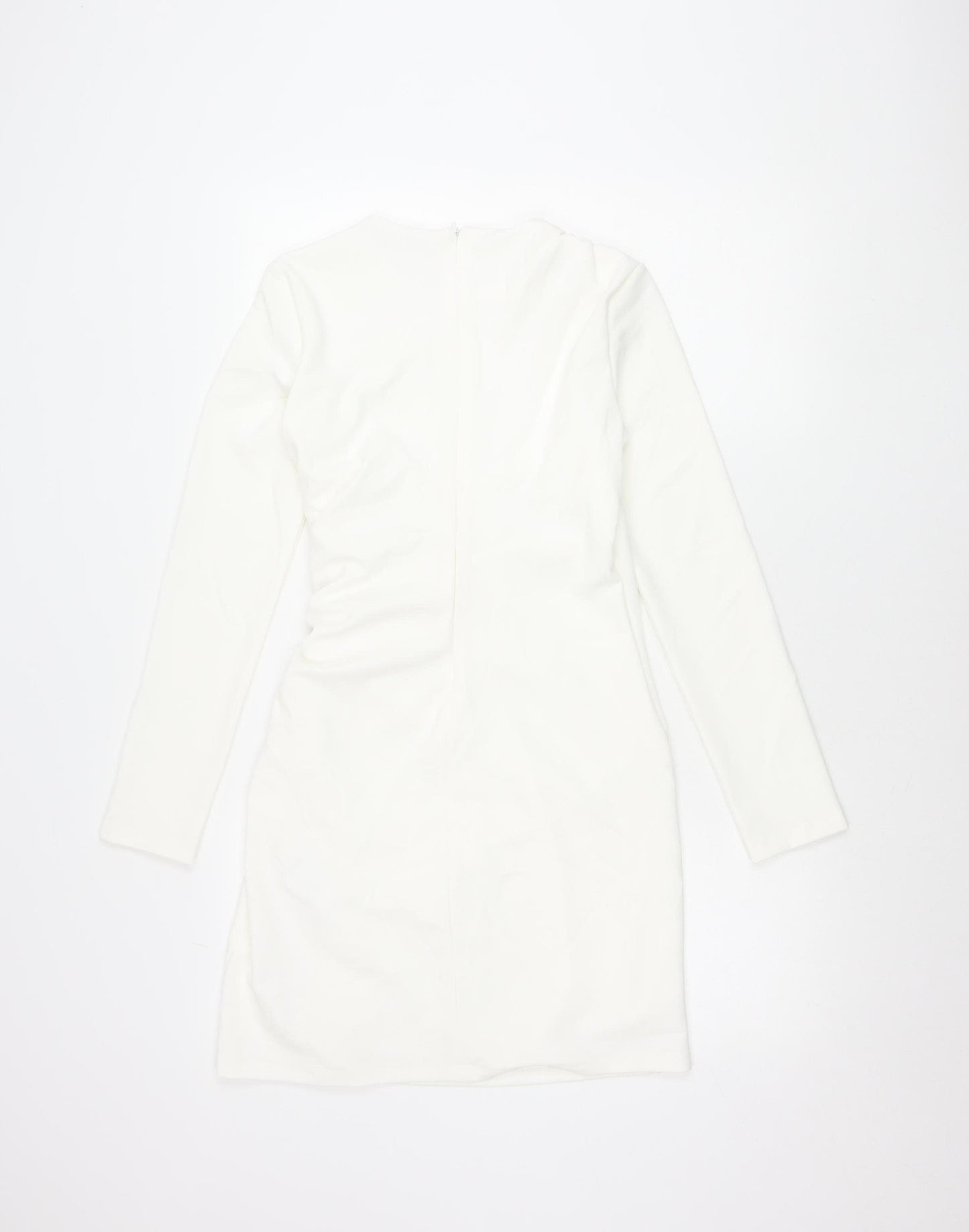 Zara Women White Bodycon Mini Dress Size 12 Ruched Long Sleeve Party