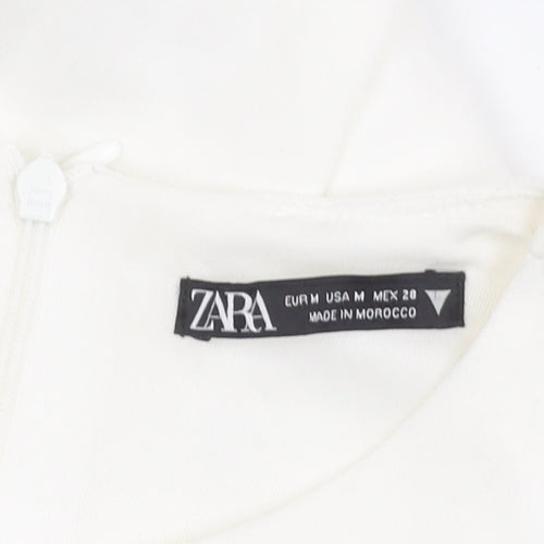 Zara Women White Bodycon Mini Dress Size 12 Ruched Long Sleeve Party